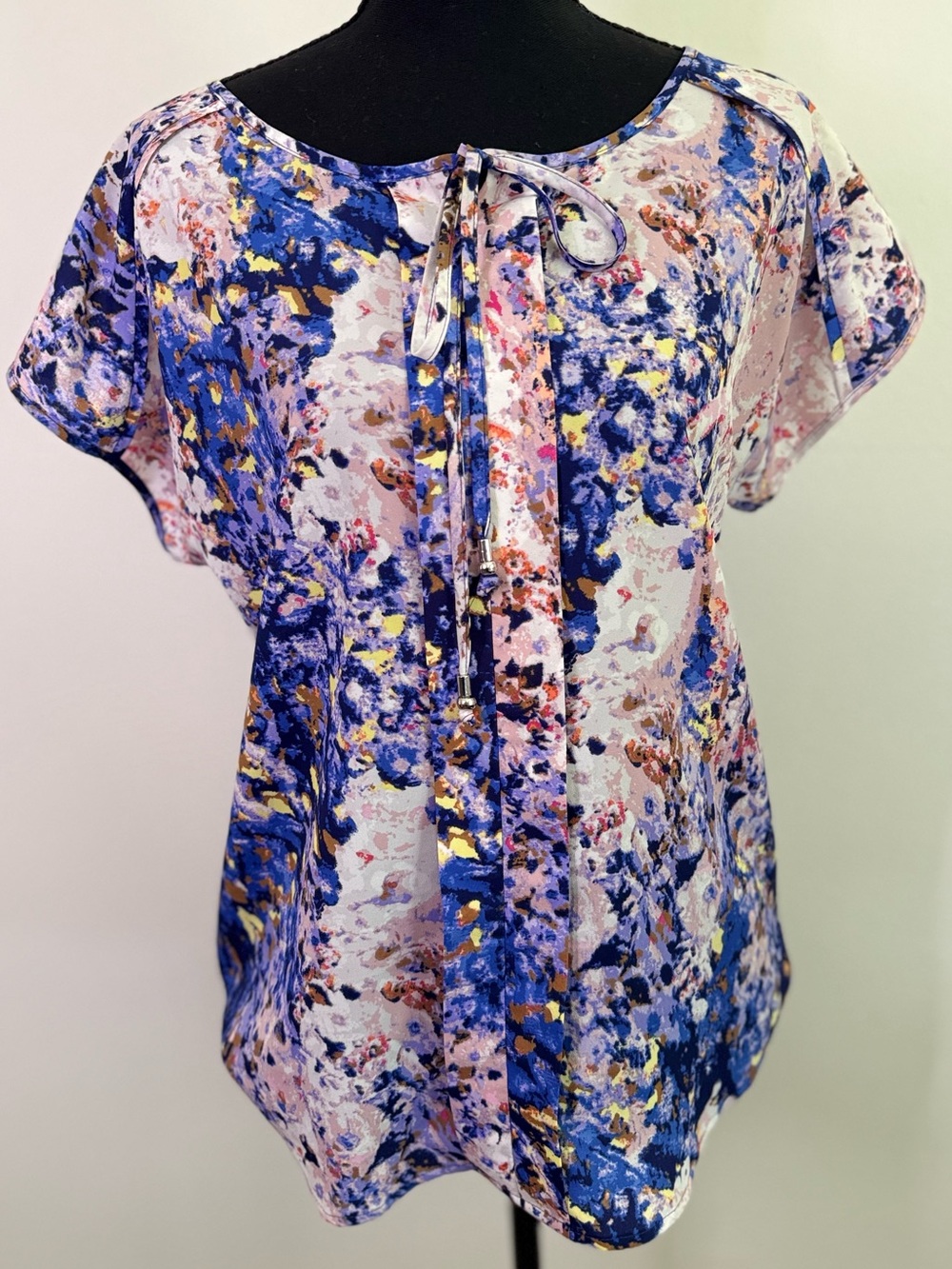 Violet Claire Abstract Floral Blouse Blue Pink Sheer Tie Neck S